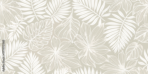 Fotografie Elegant seamless pattern of tropical leaves in a neutral beige tone