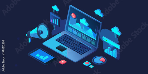 Digital marketing and data analysis illustration with laptop and mobile devices