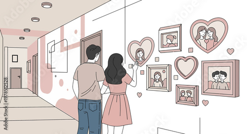 Couple Admiring Heart Shaped Photo Frames in Hallway