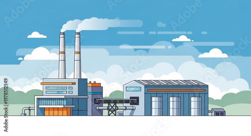 Modern industrial factory with smoke stacks and solar panels.
