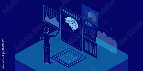 A person interacting with floating screens displaying data and a brain