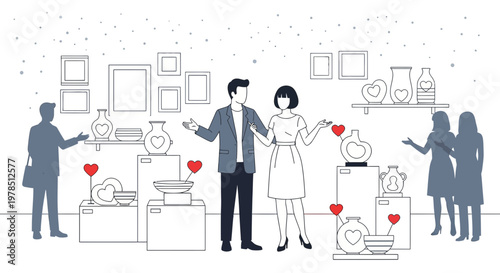 Couple Admiring Heart-Shaped Pottery in Art Gallery