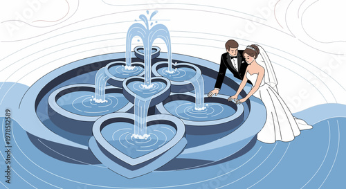 Couple Admiring Heart-Shaped Fountain, Symbolizing Love and Commitment