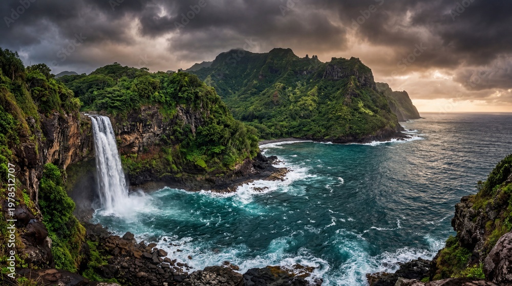 Fototapeta premium Panoramic view of a dramatic tropical waterfall cascading into the ocean in Hawaii