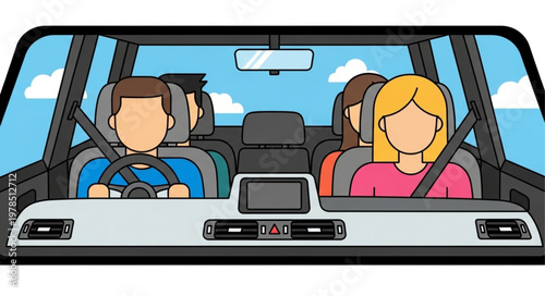 Family driving in a car on a sunny day.