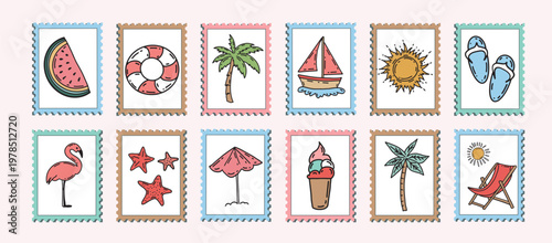 Tropical summer postage stamp set. Hand drawn