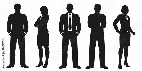 A group of five silhouetted business professionals standing in a row