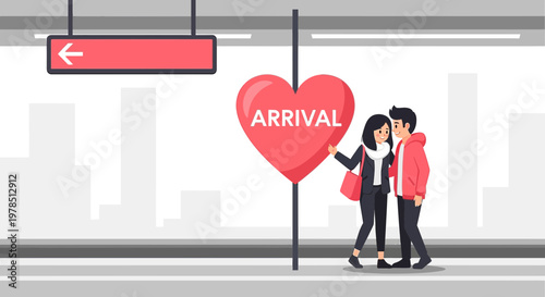 Couple Arriving at Destination, Love Heart Symbol, Romance Concept