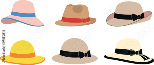 Hat Icon Set Featuring Various Styles and Colors of Hats with Ribbons for Web and App Use