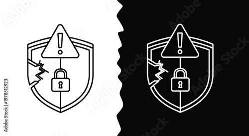A broken shield icon with an exclamation point and padlock shown in both white and black versions