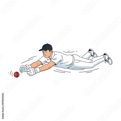Cricket fielder diving to stop ball, horizontal motion, isolated vector on white