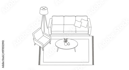 Living room furniture layout sketch with sofa armchair rug and lamp.