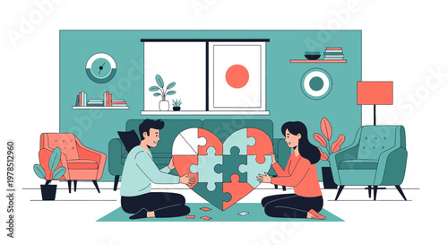Couple assembling heart puzzle, symbolizing unity, love, and relationship building