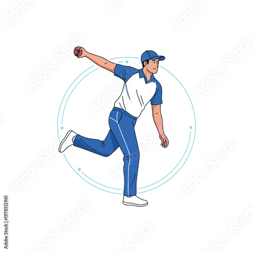 Cricket fielder throwing ball, overarm throw action, isolated vector on white
