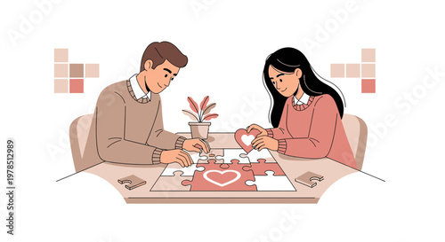 Couple assembling puzzle with heart shape, symbolizing relationship connection and unity