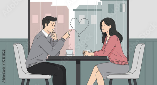 Couple at cafe drawing heart in window, romantic date