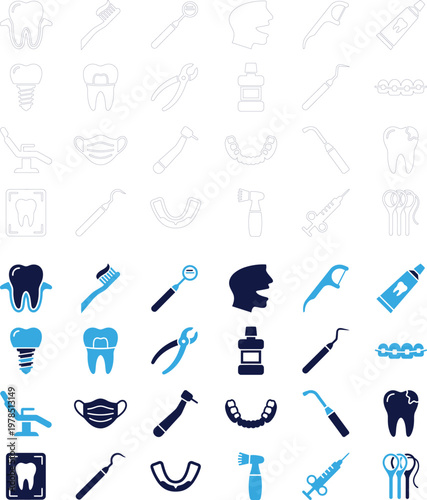 Dental tools and teeth icons set for dentistry and oral hygiene.