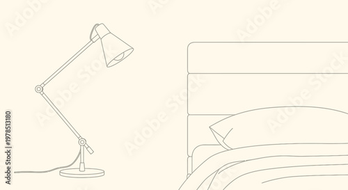 A minimalist line drawing depicts a bedside lamp and the corner of a bed