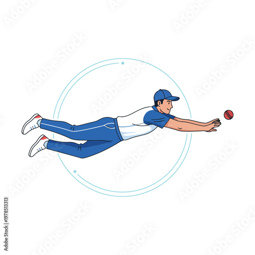 Diving Cricket Player Fielding Save Isolated on White Background