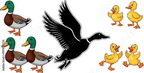 Foto Duck vector set featuring mallard ducks, flying silhouette and cute yellow duckl