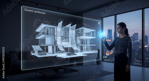 Woman interacting with a futuristic holographic architectural design display in a modern apartment overlooking a city skyline at dusk.