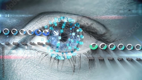 Animation of statistical data processing and globe of digital icons over close up of female eye