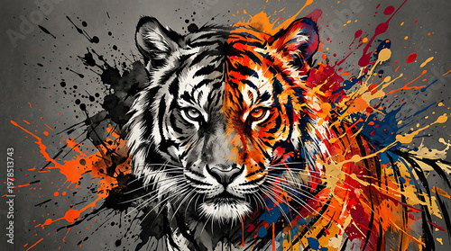Half black and white and colorful tiger portrait abstract paint splash modern wildlife contrast art illustration