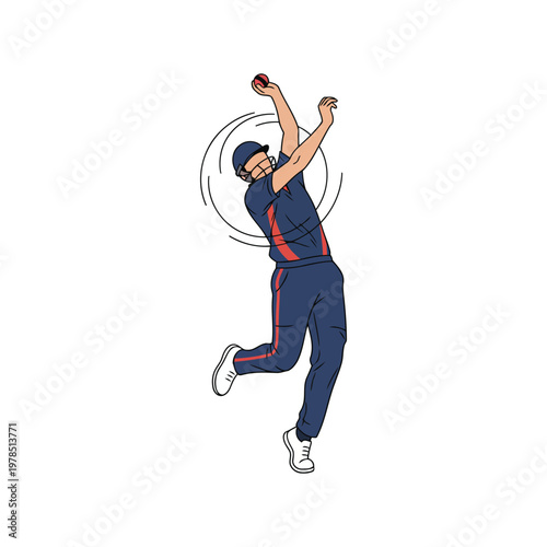 Cricket bowler fast bowling action, full arm rotation, isolated vector on white