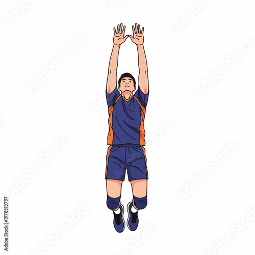 Illustration of a volleyball player in mid-air, jumping to hit the ball with both hands, wearing a blue and orange uniform on a white background.