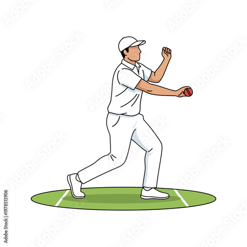 Cricket spin bowler delivering ball, side view action, isolated vector on white
