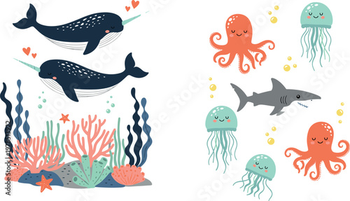 Cute ocean animals vector set featuring whales, jellyfish, octopus, shark and coral reef elements colorful underwater illustration collection