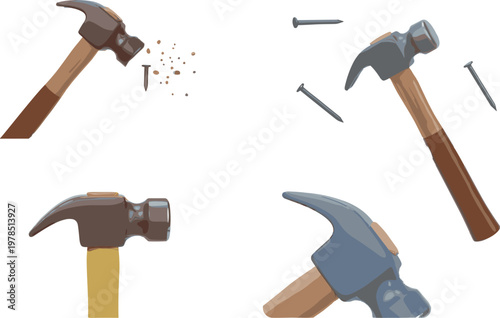 Claw hammer set with nails and different angles isolated on white background, construction tool vector illustration collection