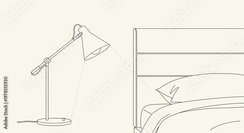 A minimalist line drawing depicts a bedside lamp illuminating a neatly made bed
