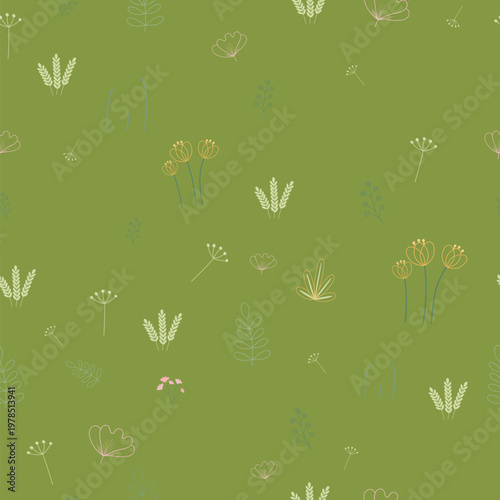 Pattern with flowers and leaves on a light green background, vector illustration with space for copy. Spring, summer background, beautiful repeating pattern for gift wrapping, notebook and notebook