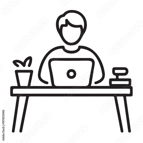 Man Working on Laptop at Desk with Plant Vector on a White Background