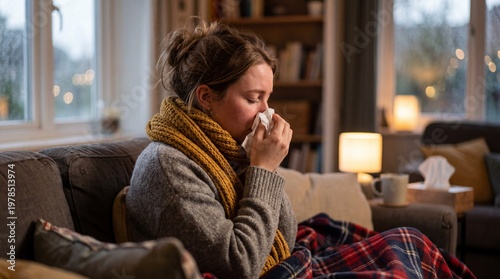 Young Woman with Cold or Flu Blowing Nose on Sofa