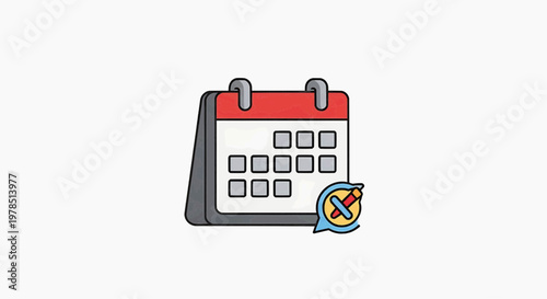 A calendar displays a cancelled event on a marked date with a red top and gray squares.