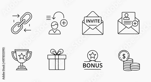 A collection of icons depicting rewards and incentives including a trophy bonus gift and money