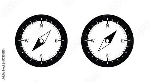 Two identical black compasses are displayed showing north south east and west directions