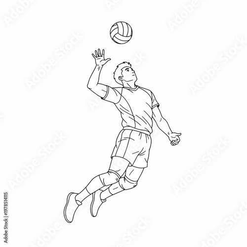 Line drawing of a volleyball player in mid-air, jumping to hit a ball with one hand, against a clean white background with a focus on athletic movement.