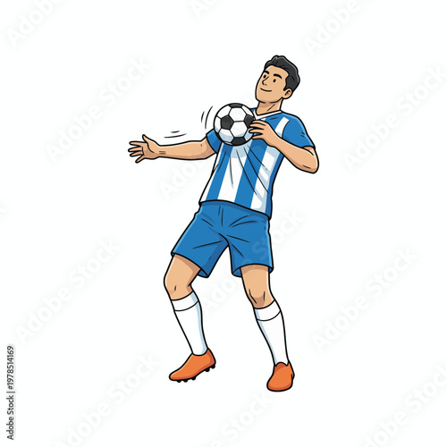 Football player controlling ball with chest, skill move, isolated vector on white