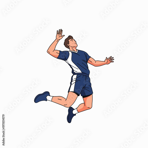 Illustration of a volleyball player in mid-air, jumping to hit the ball with arms outstretched and legs bent, wearing a blue uniform with white accents against a plain white background.
