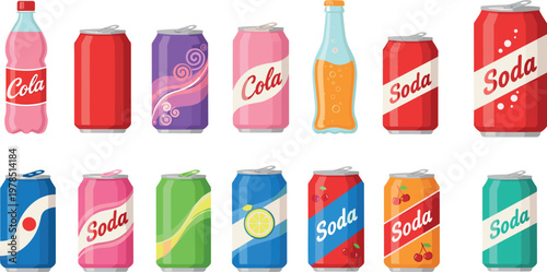 Colorful soda cans and cola bottles set isolated on white background, fizzy soft drink packaging vector illustration collection