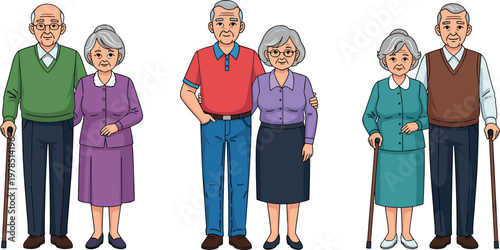 Illustration of Elderly Couples in Various Poses, Traditional Clothing, Vector Art for Family, Senior Living, and Relationship Designs