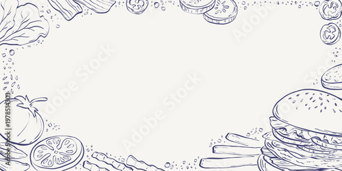 Fast food background. Burger design template with empty space for text, linear snack doodles collection, vintage junk food print. Vector graphic illustration