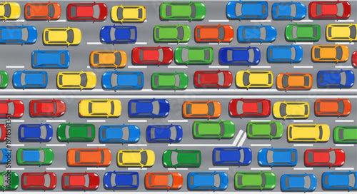 Aerial view of colorful cars stuck in traffic jam on highway.