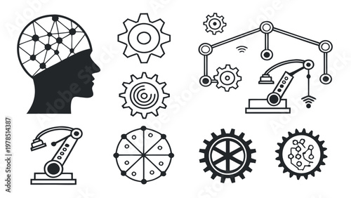Collection of technology and robotics icons with brain network illustration