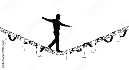 man balancing on tightrope with money falling down