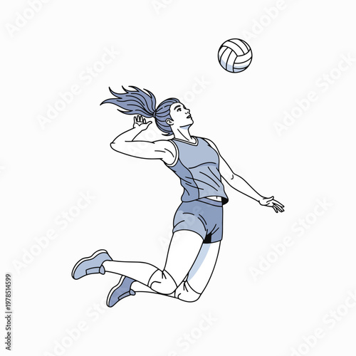 Illustration of a female volleyball player jumping to hit a ball in mid-air with dynamic movement.
