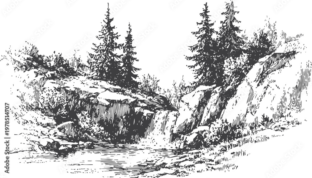 Obraz premium Rustic waterfall in forest landscape sketch flowing water, rocks, pine trees, natural scenery illustration
